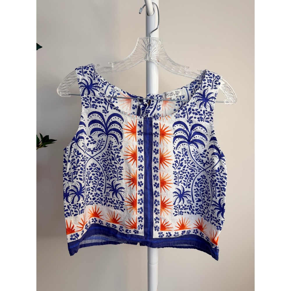Rachel Zoe Blue Orange Palm Tree Sun Print Linen Blend Crop Tank Top Medium - Picture 2 of 8